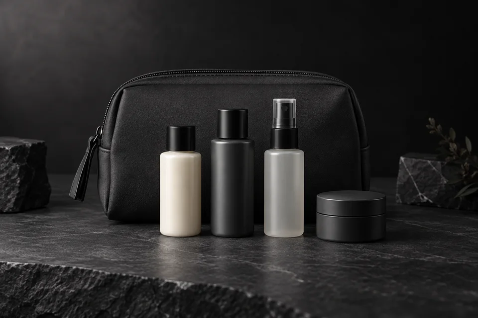 Illustration: compact unbranded bottles and a travel pouch